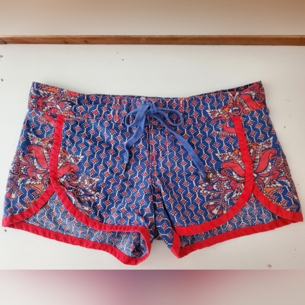 Free People Linen Shorts Cotton Blue Red Low Rise Beach Boho Surf Tribal Small 0